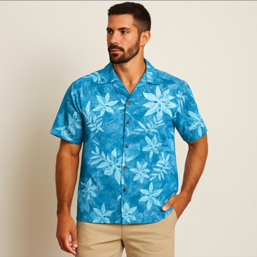 RJC Hawaiian Shirt Style 102C Blue Floral Aloha Button-Up Sz S Made in Hawaii